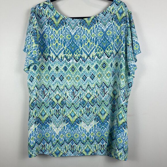 Zac & Rachel Womens Top Size 3X Blue Geo Printed Blouse Boho Flowy Art Casual - Picture 5 of 7